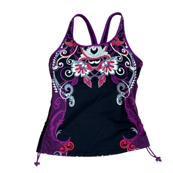 Athleta Other - Athleta Purple Black Pink Print Adjustable Ruched Tankini Swim Top Built In Bra